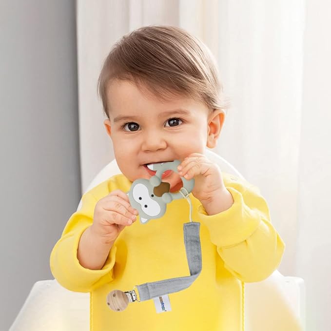 Baby Food Grade Silicone Teether Toy with Pacifier Clip Holder,Teething Pain Relief Toys Gift Set for 3 Months+ Boys and Girls,Freezer Safe,BPA Free (Raccoon)
