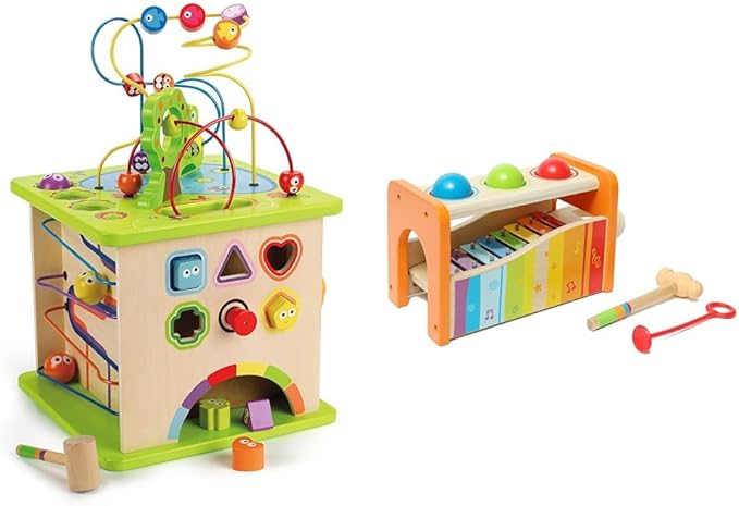 Hape Country Critters Wooden Activity Play Cube Pound & Tap Bench with Slide Out Xylophone - Award Winning Durable Wooden Musical Pounding Toy Multifunctional and Bright Colours, Yellow