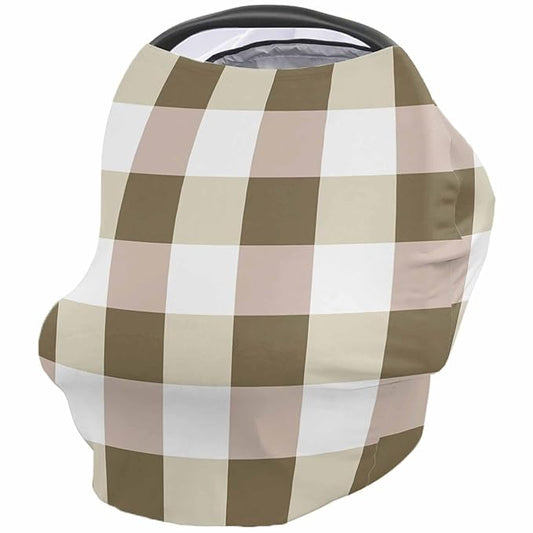 Brown Plaid Car Seat Covers for Babies, Spring Buffalo Checkered Lattice Geometric Nursing Breastfeeding Covers Stretchy Breathable Baby Carseat Canopy Cover for Girls and Boys Shower Gifts