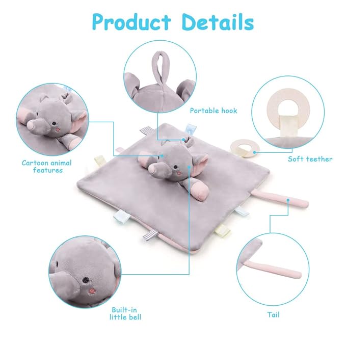 Vicloon Elephant Baby Plush Security Blanket with Tags&Teether, Blanket for Boys&Girls, Hang on Nursery Strollers, Cribs, Car Seats (Grey)