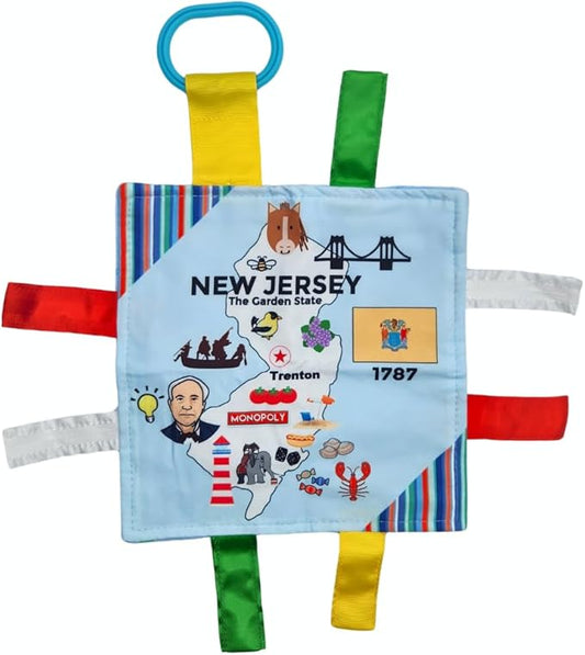 Baby Jack & Co 8x8” Learning Lovey New Jersey State Tag Stroller Toy for Babies - Crinkle Toys for Developing Five Senses - Learn About Capitals - Travel with Baby Jack - BPA Free Clip