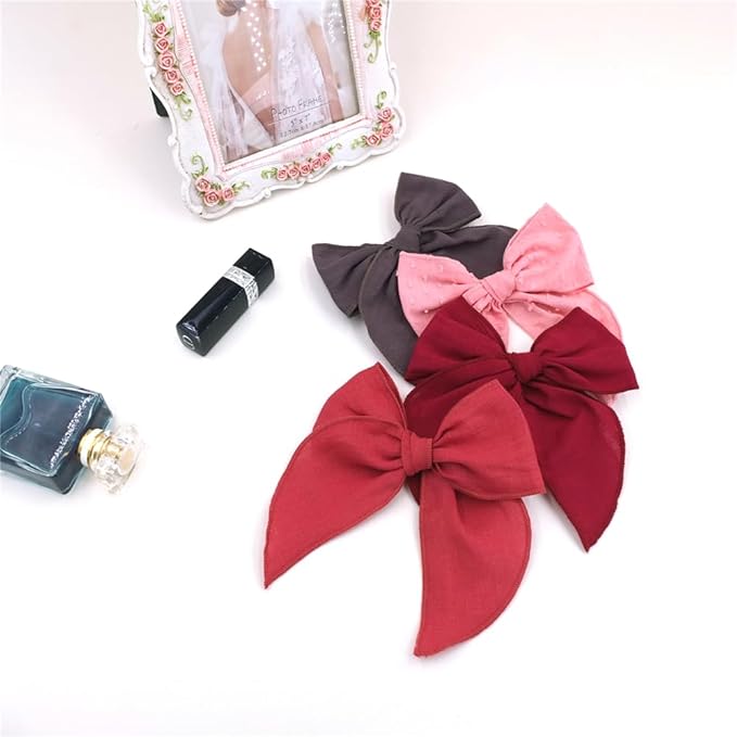 Pack of 4 Gorgeous Fable Bow Hair Clips for Girls Women Linen Hair Bow Alligator Clips Toddler Baby Mom Young Girl Hair Accessories (Cinnabar)