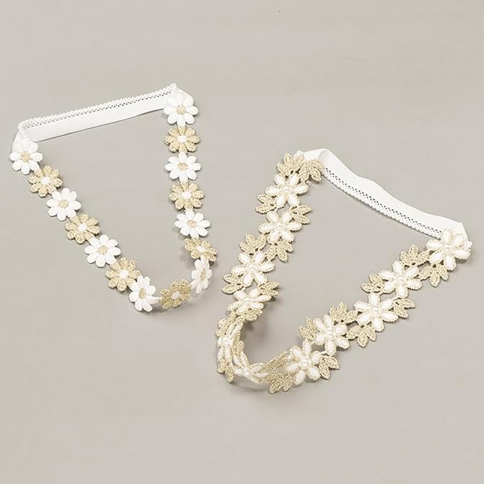 Baby Girl Gold Flower Lace Headband Toddler Elastic Floral Hair Band Newborn Infant Soft Lace Baptism Christening Hair Accessories for Birthday Party (Gold E, Standard size)