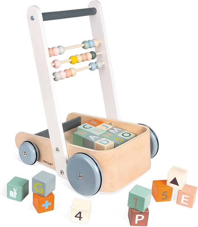 Janod Sweet Cocoon ABC Block Cart Push Toy with 20 ABC Blocks - Ages 1+ - J04408