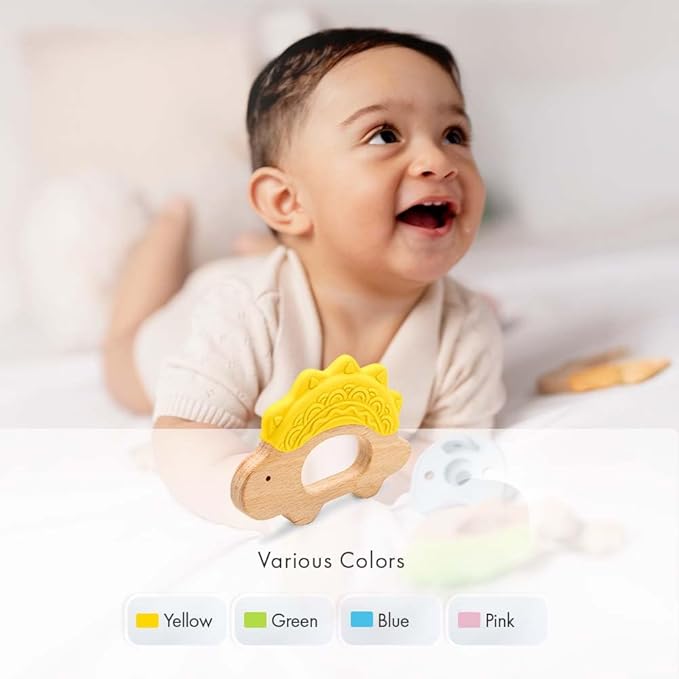 Baby Must Haves – Baby Teething Toys and Teether for Soothing Relief – Perfect for Teething Toys 3-6 Months and Shower Gifts – Soft, BPA-Free, Ergonomic Dinosaur Wood Design.