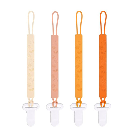 One Piece Design Silicone Pacifier Clip Holder for Baby Boys and Girls,Pack of 4 Flexible Paci Leash,Binky Clips,Newborn Essentials (Sun & Cloud & Rainbow, Yellow)