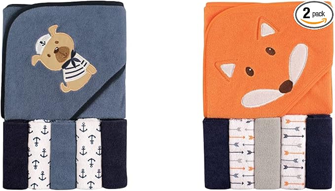 Luvable Friends Boy Hooded Towel with Five Washcloths 2-Pack, Dog Fox