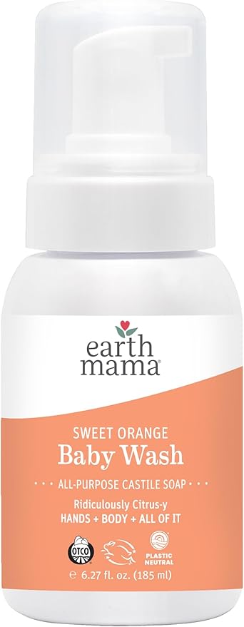 Earth Mama Sweet Orange Baby Liquid Wash Foaming Hand Soap, Organic All Purpose Body Wash for Sensitive Skin, Castile Soap with Coconut Oil, Shea Butter, Calendula, & Aloe, 6.27 fl oz