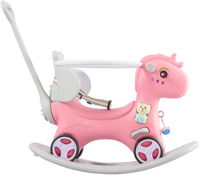 4 in 1 Rocking Horse for Toddlers 1.5-3 Years Old, Balance Bike Ride On Toys with Push Handle, Baby Rocking Toy Backrest and Balance Board for Baby Girl and Boy Fun Birthday Gift (Pink)