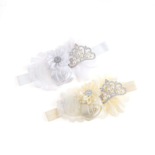 Nishine Baby Christening Headband Toddler Girls Fabric Flower Headband Tiara Stretchy Elastic in Pairs (Child, White/Ivory)