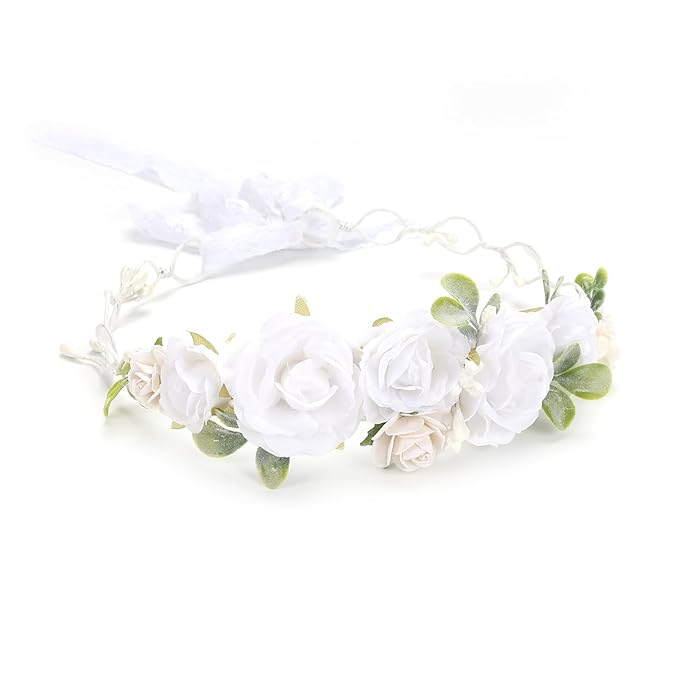 White Flower Crown for Girls Floral Headpieces Kids Headband Wedding Halo Festivals Hair Pieces Boho Rose Children Hair Wreath Photo Prop (Bright White-Child Size)
