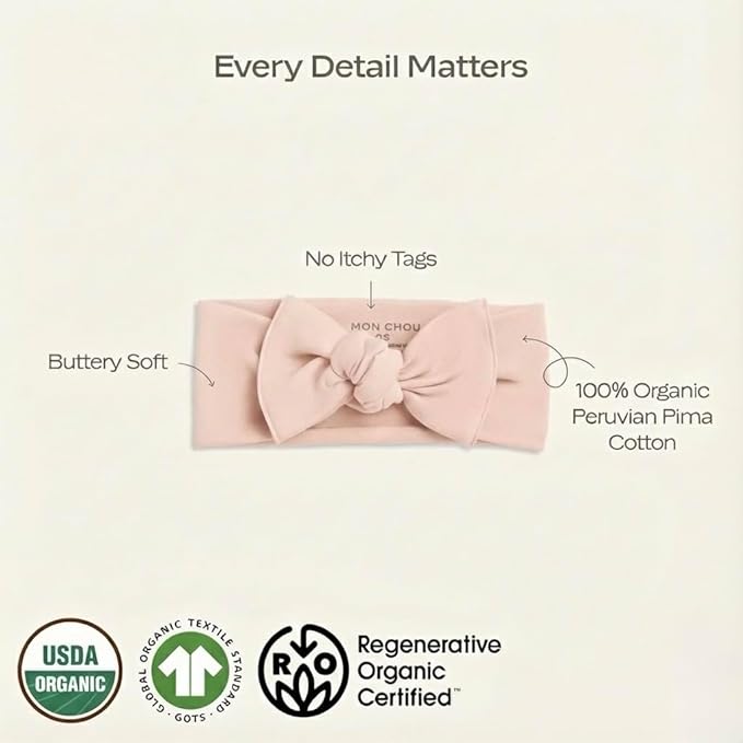 MON CHOU Baby Headbands - Set of 2 Organic Cotton Headbands for Baby Girls - Ultra Soft, 100% Pima Cotton Infant Hair Bows (Ivory & Bloom)