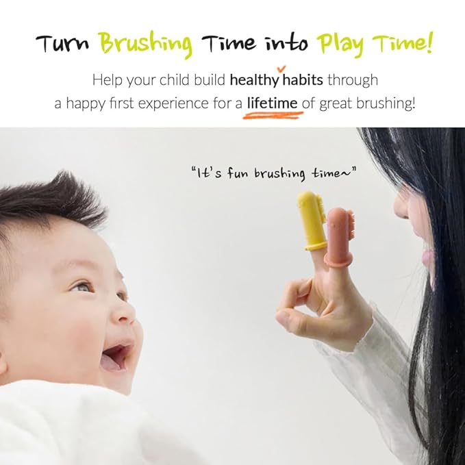 Fourfeet Dino Finger Toothbrush | Baby Silicone Oral Care Brush | Toddler Gum Cleaner | BPA Free Soft Bristles | Easy Drying Air Vent | Food Grade Material | Made in Korea - Coral + Beige (2PCS)