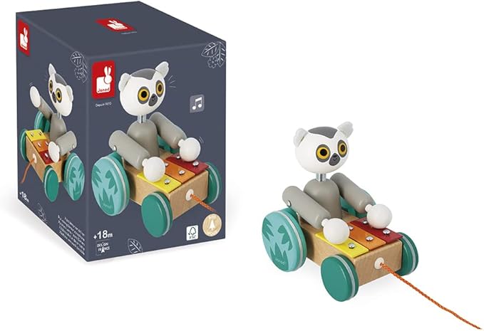 Janod - Tropik Pull-Along Lemur Xylophone - 2-in-1 Wooden Early-Learning Toy - Musical Educational Toy - Walking and Balancing - Water-Based Paint - 18 Months + J08270