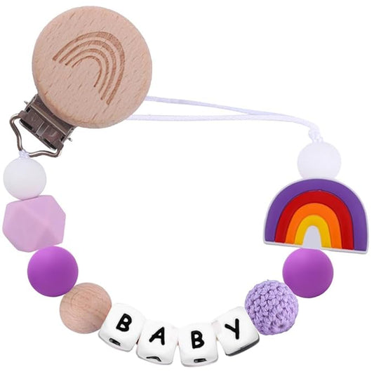 Rainbow Pacifier Chain, Rainbow Pacifier Clip Gift for Baptism or Birth, Newborn with Silicone Letter (Purple)