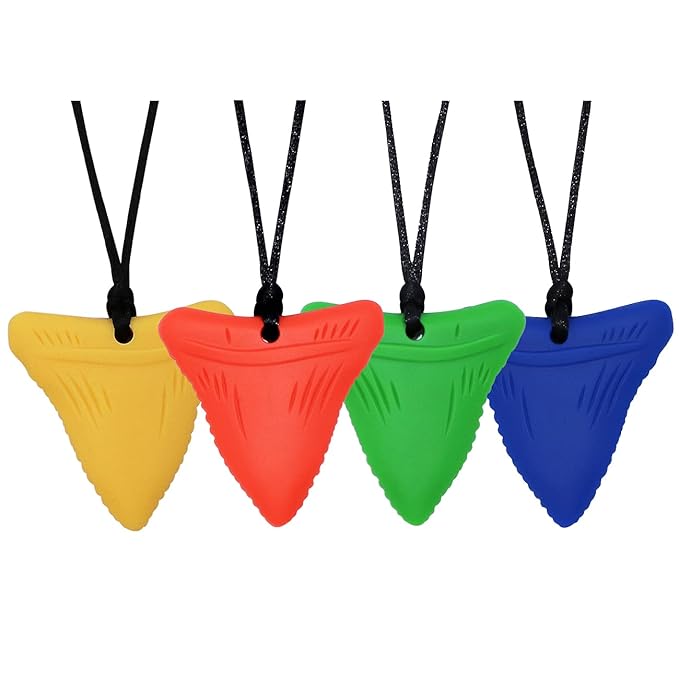 Sensory Chew Necklace for Kids and Adults, Shark Tooth Chew Necklaces for Boys Girls with Autism, ADHD, Fidgeting Needs, Sensory Chew Toys for Kids 4 Pack