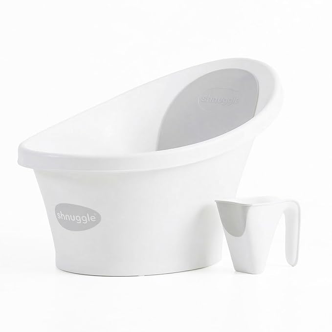 Shnuggle Newborn Bath Essentials Bundle | Baby Bath with Support Bump and Soft Backrest & Rinse Jug | Safe, Gentle, and Stylish Bathtime Set for Babies & Toddlers | White/Grey