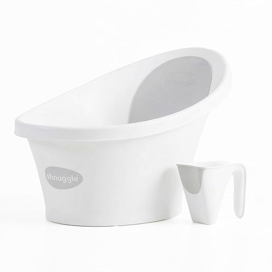 Shnuggle Newborn Bath Essentials Bundle | Baby Bath with Support Bump and Soft Backrest & Rinse Jug | Safe, Gentle, and Stylish Bathtime Set for Babies & Toddlers | White/Grey