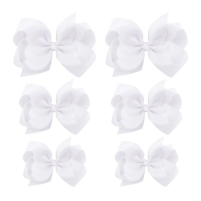 White Hair Bows For Girls and Toddler - 6 pcs White Bow 6 inch ×2, 4 inch ×2, 3 inch ×2
