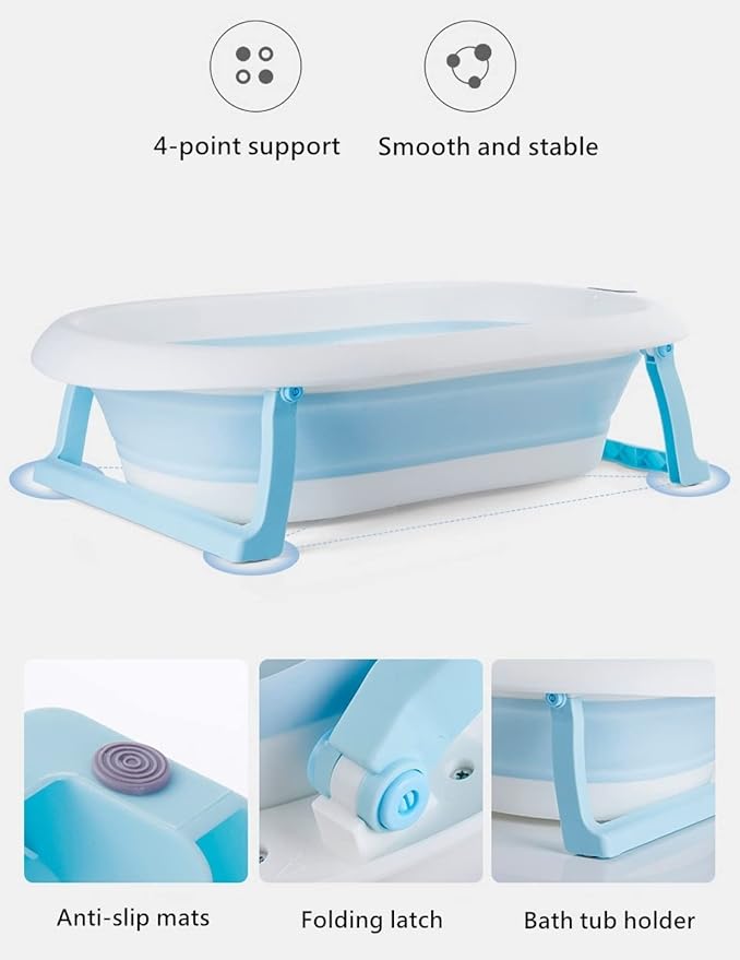 Baby Bath Foldable Newborn Tub with Soft Bath Mat and Real Time Water Temperature Display, Blue