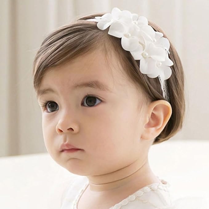 White Lace Flower Headband for Baby Girls Toddler Christening Baptism Hairband Soft Lace Floral Birthday Party Hair Accessories for Newborn Infants Kids (Style 4, One size)