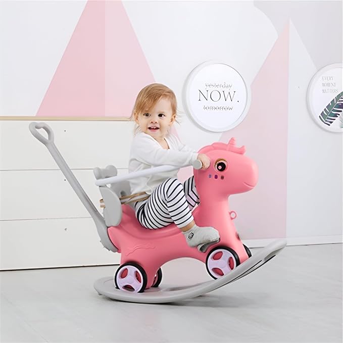 Leavader Rocking Horse for Toddlers, Multifunctional 4 in 1 Design Kids Rocking Horse, Toddler Ride on Toys, Balance Bike, Push Cart with Detachable Board, Ideal Gift for Children, Pink