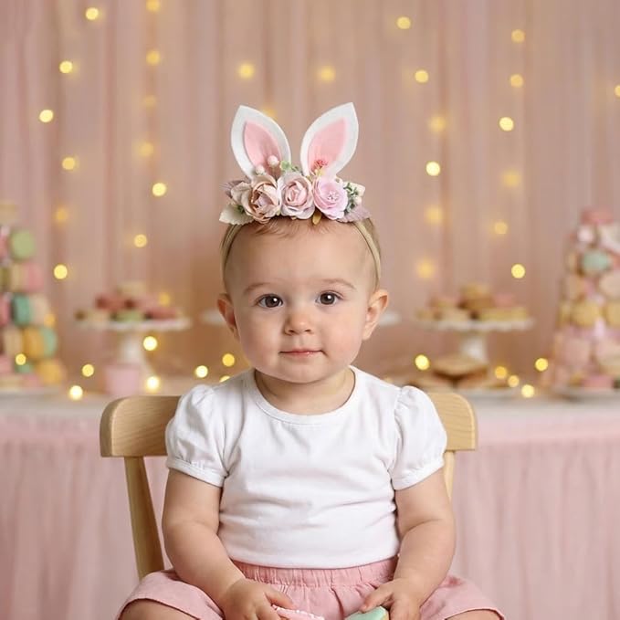KIDOCHEESE Baby Girl Floral Easter Bunny Ears Headband Rabbit Ears Nylon Hairband for Newborn Infant Toddler Easter Hair Accessories Gift