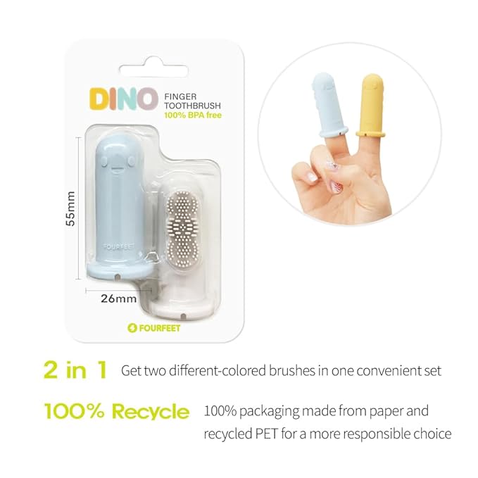 Fourfeet Dino Finger Toothbrush | Baby Silicone Oral Care Brush | Toddler Gum Cleaner | BPA Free Soft Bristles | Easy Drying Air Vent | Food Grade Material | Made in Korea - Beige + Grey (2PCS)