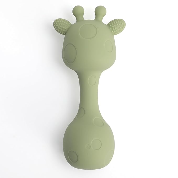 Silicone Little Giraffe Shaker Rattle Toy for Babies | Food Grade Silicone Teether | Easy to Grip | BPA Free (Olive Green)