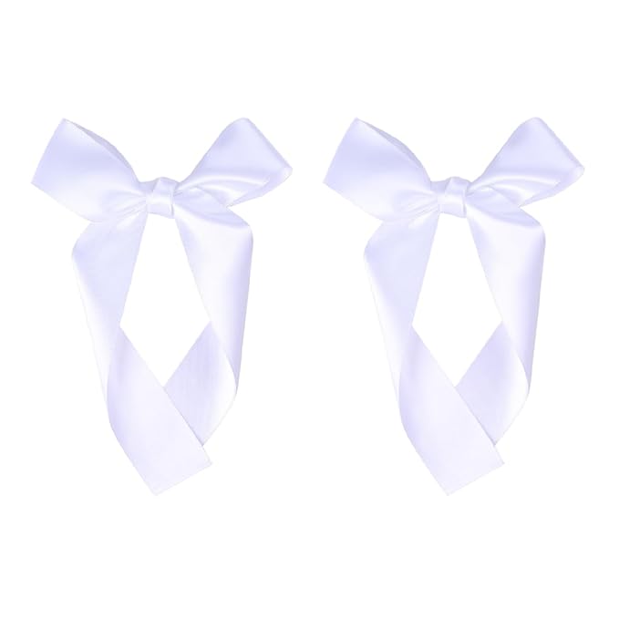 2-Pack Long Satin Ribbon Hair Bows for Girls – Elegant Silk Hair Clips for Toddlers, Infants, Teens & Kids - White