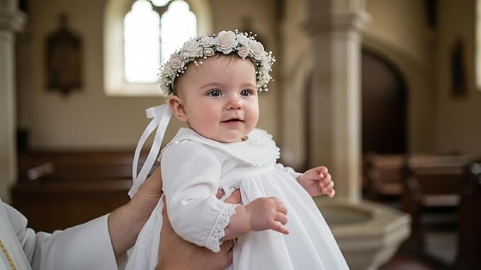 Toddler Flower Crown with Baby's Breath 1st Birthday Photo Prop Headpiece Baby Girls Floral Hair Wreath Rustic Wedding Headband for Toddler(40cm length)