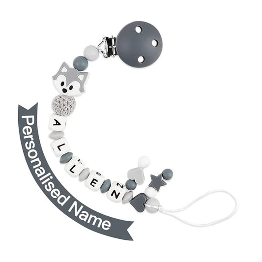 Personalized Pacifier Clip with Name for Baby, Customized Pacifier Clip Fits All Pacifiers, Cute Baby Birthday Christmas Gift, Grey Fox