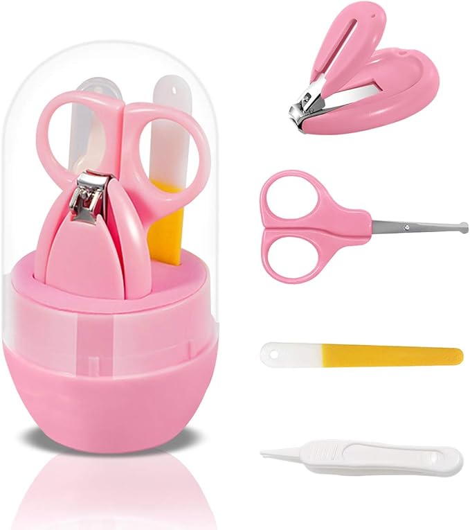SONARIN Transparent Lid Baby Nail Kit,4-in-1 Baby Grooming Kit,with Baby Nail Clippers,Scissor,Nail File&Tweezer,Baby Nail Care Kit for Newborn,Infant or Toddler(Pink)