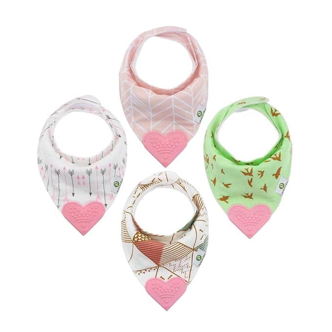Pickle & Olive Baby Girl Bandana Teething Bibs - Attached Heart Teether - Set of 4 - Pink