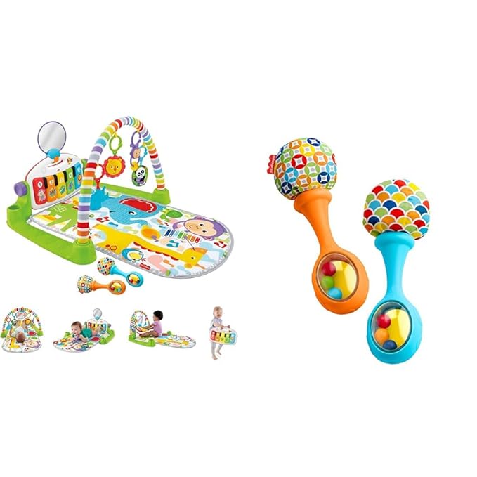 Fisher-Price Baby Playmat Deluxe Kick & Play Piano Gym & Maracas with Smart Stages Learning Content Baby Newborn Toys Rattle 'n Rock Maracas
