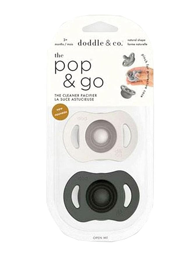 Doodle & Co. Pop & Go Pacifier for New Born Babies with Built-in Case | Pinch to Close Version | 100% Silicone for Infants with Teeth | Helps Promote Oral Development | Cream/Coal | 3+ Months