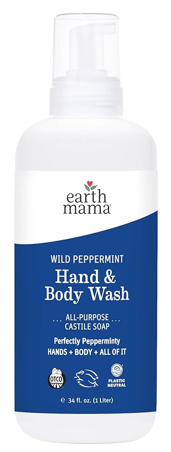 Earth Mama Wild Peppermint Hand & Body Wash | Foaming Castile Soap Liquid and Hand Soap, Made with Organic Wild Mint & Peppermint Oil, 34 fl oz