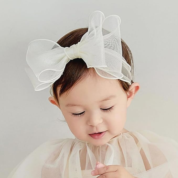 Baby Girls Lace Bow Headband Cute Chiffon Bow-Knot Toddler Hairband Elastic Soft Lace Infants Birthday Party Hair Accessories (White-1, One size)