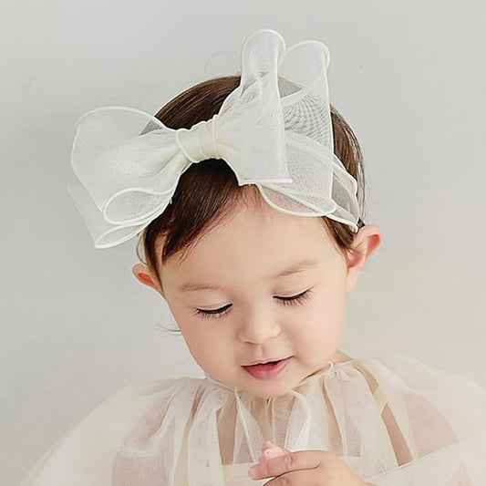 Baby Girls Lace Bow Headband Cute Chiffon Bow-Knot Toddler Hairband Elastic Soft Lace Infants Birthday Party Hair Accessories (White-1, One size)