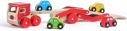 Bigjigs Toys, Wooden Car Transporter, Toy Car Ramp, Wooden Toys, for 1 Year Old Boys, Push Along Baby Vehicle Toy