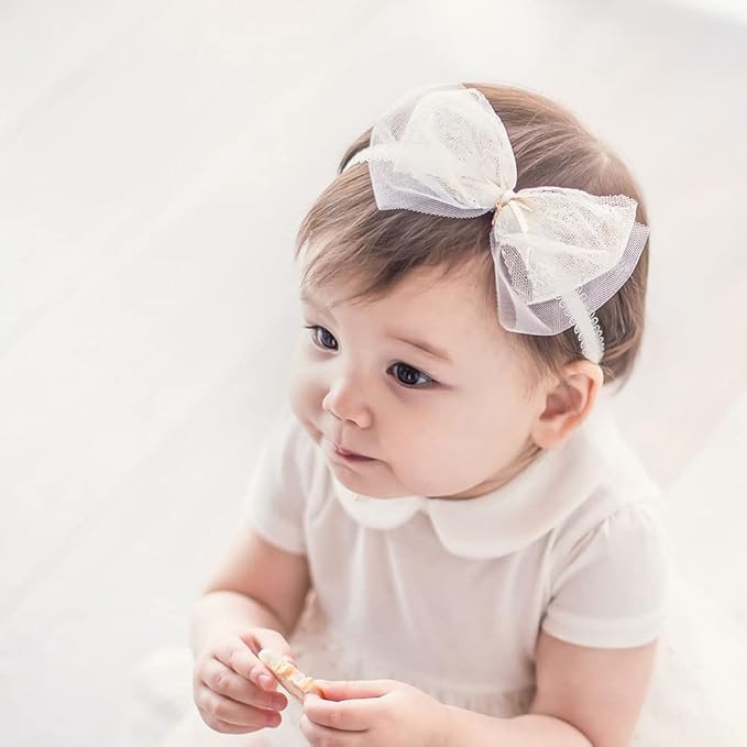 Baby Girls Lace Bow Headband Cute Chiffon Bow-Knot Toddler Hairband Elastic Soft Lace Infants Birthday Party Hair Accessories (White-3, One size)