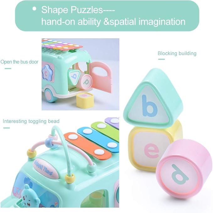 5-in-1 Baby School Bus Xylophone Toys for 1 Year Old Girl Gifts, Educational Baby Toy 6-12-18 Month, 1st Birthday Gril Gift, Toddlers Montessori Musical Baby Bus with Shape Sorter & Knock Hammer