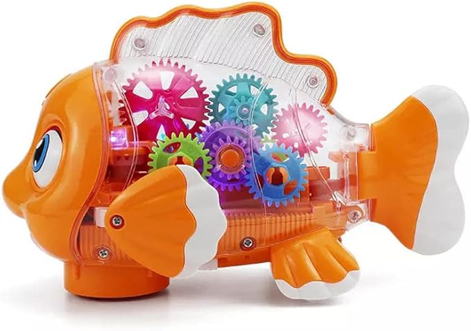 Nenekal Transparent Electric Gear Gold Fish Toddler Toy with Music & Lights. Bump and Go Technology. Perfect for Babies Tummy Time, Educational STEM Gear Toys for Boys Girls 3+