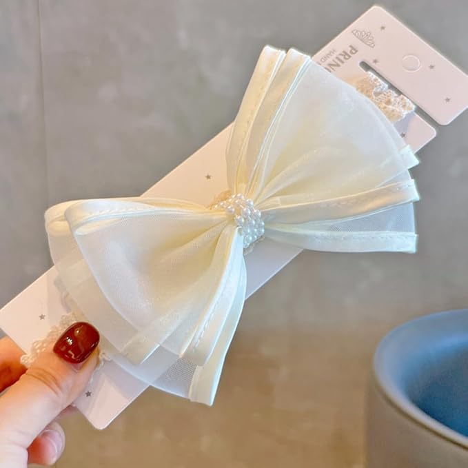 Cute Baby Girl Lace Headband Lace Bow Hair Accessories Elastic Bow Head Wrap for Newborn Infant Toddler Christening Baptism Party Hair Accessories for 0-36 Months (Ivory F, Free)