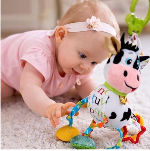Balibazoo Caesar The Cow Hanging Toy - Developmental Sensory Rattle for Babies 0-24 Months | Vibrating Pull, Crinkle Sounds, BPA-Free Teether | Clips to Stroller, Car Seat | Soft Plush Baby Toy