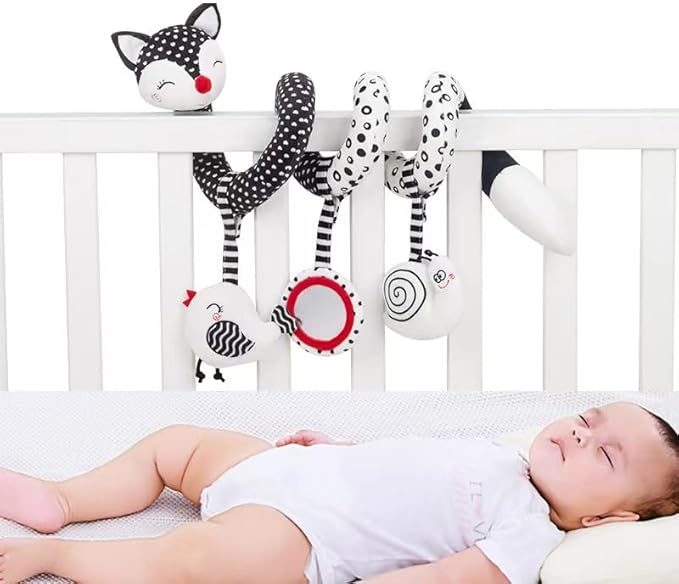 Car Seat Toys for Babies 0-6 Months, Baby Sensory Interaction Cartoon Toys with Bells_Black and White High Contrast Baby Toy Hanging or Wrapping Around The Infant Bed or Strollea03 ﻿