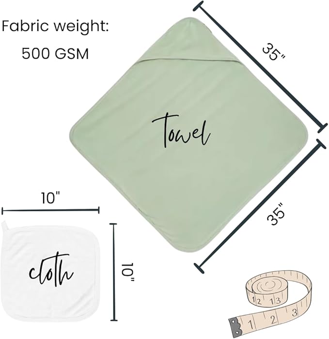 Hooded Baby Toddler Towel and Washcloth Set Made with Viscose from Bamboo, Large Size of 35" x 35", Soft and Absorbent, Baby Essential in White