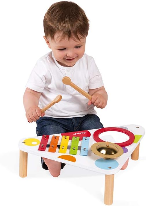Janod Confetti Wood Musical Table - Includes 3 Instruments - Ages 12 Months+ - J07634