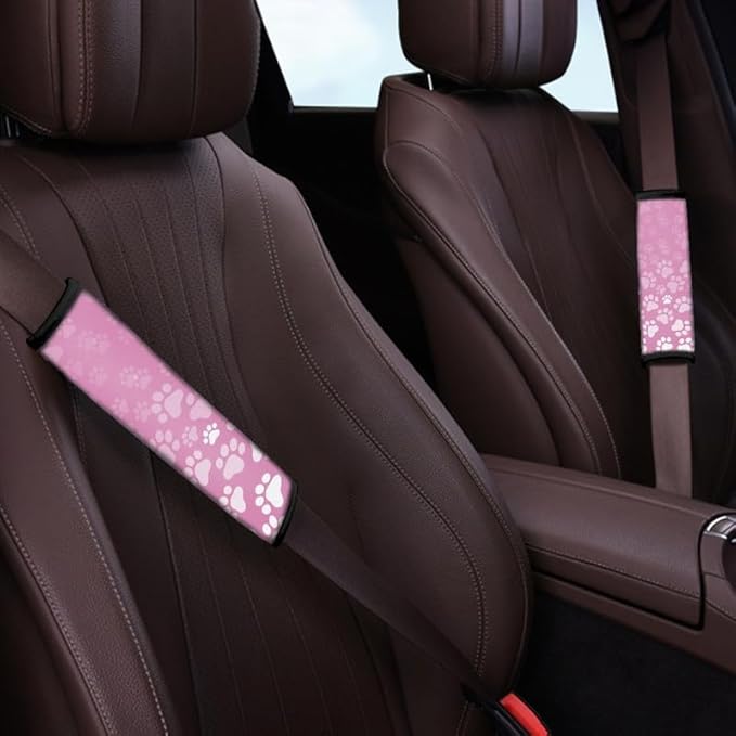 Cartoon Puppy Paw Painting Auto Seat Belt Cover 2 Pcs Set Cute Animal Dog Foot Print Interior Decoration Accessories Protector Cover Universal Fit Car Truck SUV, Pink