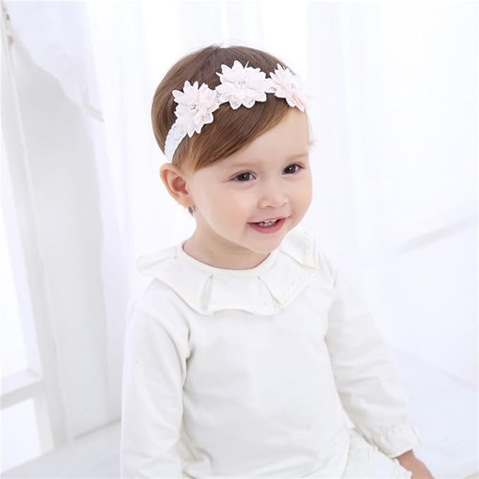 Floral Lace Hair Bow for Baby Girls Soft Stretch Headband for Newborns to Toddlers Baby Shower Birthday Hair Band 0-36 Months (Pink pearl, Free)